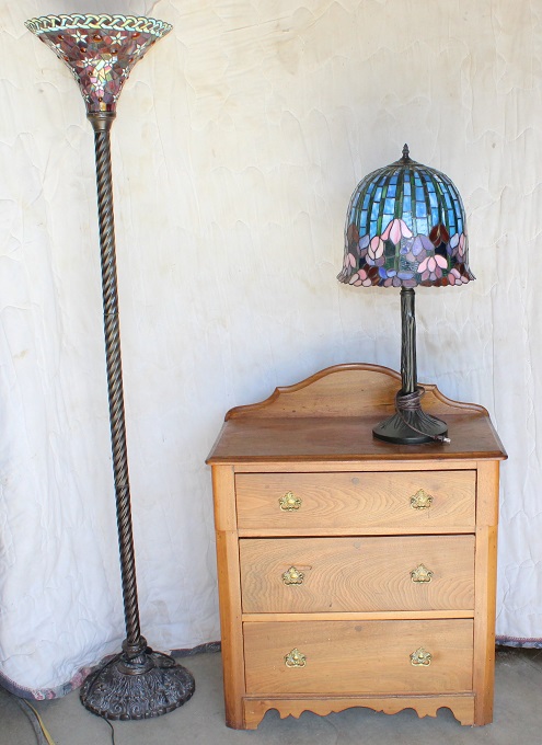 Stained glass lamps, wooden dresser